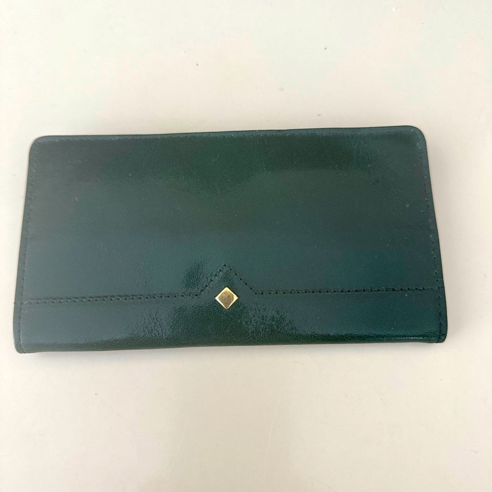 MCM Art Deco Bifold Green Leather Wallet Gold Accent Checkbook Card Holder RARE